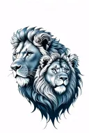 king male lion head, beautiful proud female queen lion head looking into eachothers eyes, 1 female cub head .blue butter tattoo design idea