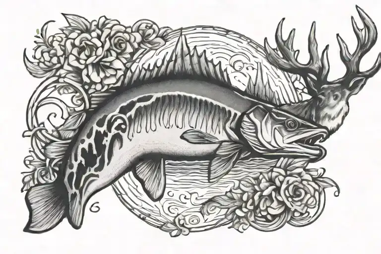 Bass and deer and Cross tattoo tattoo design idea