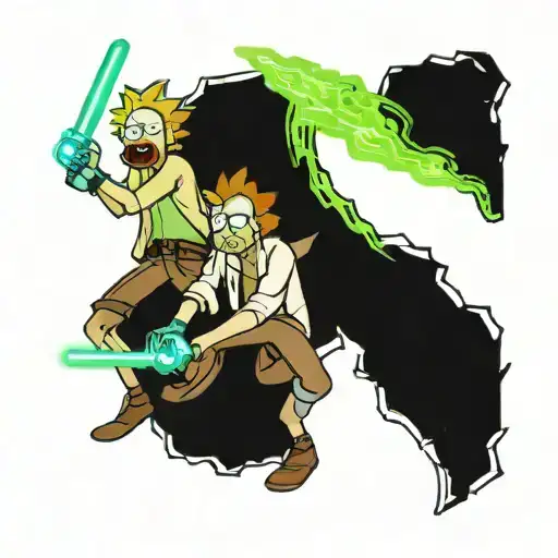 Rick and Morty fight with lightsabers Luke Skywalker and Obi Wan Kenibi tattoo design idea