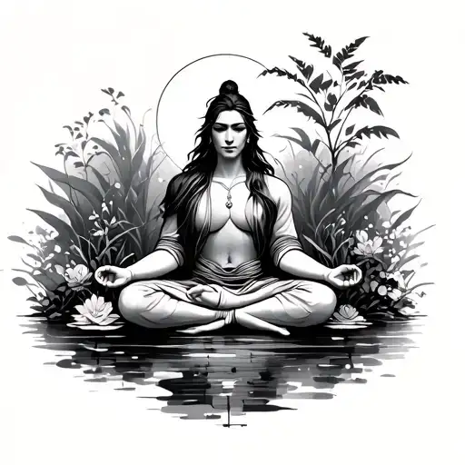 warrior meditating in a garden scene tattoo design idea