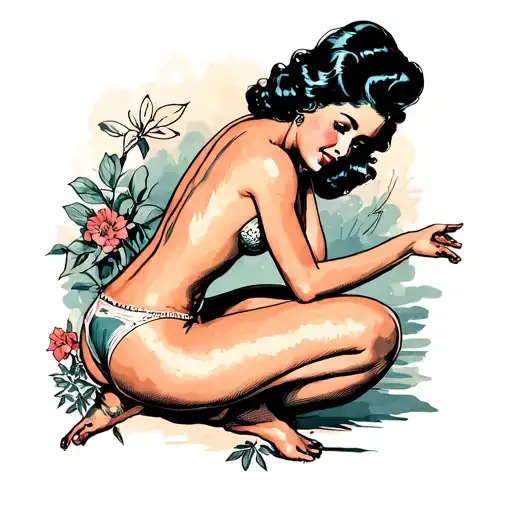 create a pin up style tattoo of a Woman facing away, kneeling, wearing thong tattoo design idea
