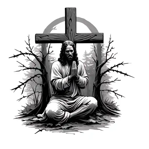 We can make a sketch for a tattoo of a tattoo praying at the cross on his knees, behind the forest, and far a prison with barbed wire, tattoo design idea