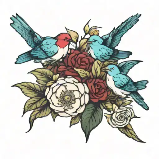 camellia flowers three birds sitting tattoo design idea