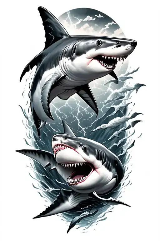 sharks swimming in thunderstorm tattoo design idea