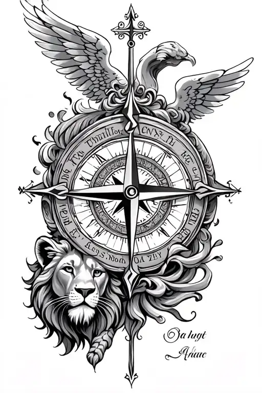 compass, lion, cross and angel wings with family sumbols or names tattoo design idea