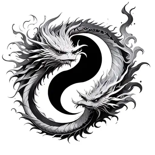 yin and yang dragons with water and fire elements  tattoo design idea