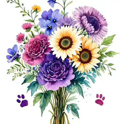 bouquet of flowers including carnations, violets, asters, chrysanthemums and sunflowers with dog prints  tattoo design idea