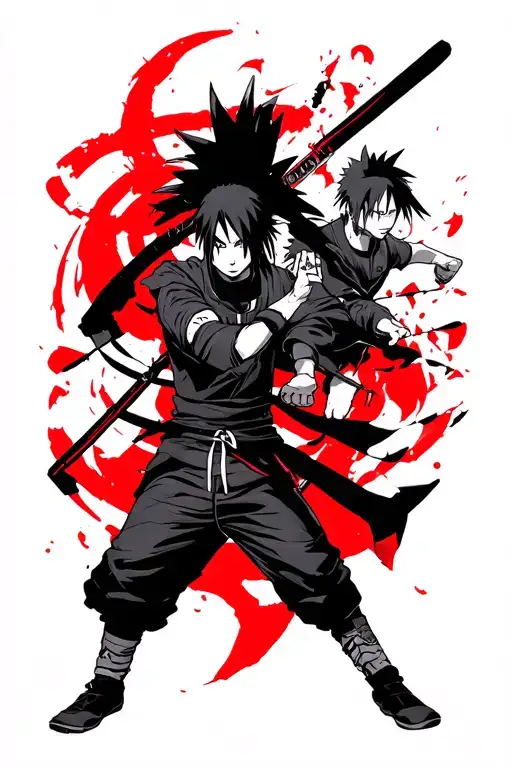 Naruto Sabio mode with Madara Itachi Sasque Kakachi to epic poses adds an infinite charingan in red details and viole tattoo design idea