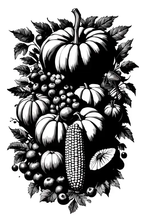 cornucopia-ish compilation of New England (USA) foods, plants, insects (e.g., blueberries, cranberries, pumpkins, corn,  tattoo design idea