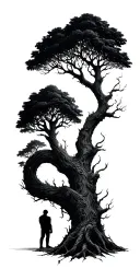 tree of knowledge with man approaching it  tattoo design idea