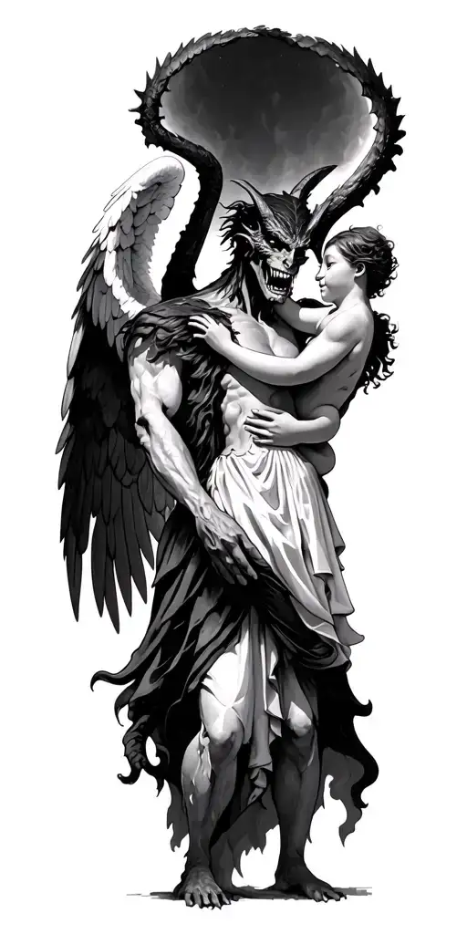 Demon standing over a angel with wings that is holding a child tattoo design idea
