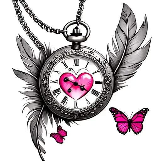 rustic pocket watch with feathers coming off of chain pink heart center and two pink butterflies tattoo design idea