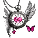 rustic pocket watch with feathers coming off of chain pink heart center and two pink butterflies tattoo design idea
