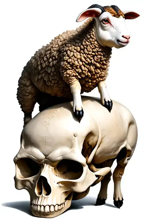 Lamb standing on a skull with one leg lamb has a 7 eyes and 7 horns tatoo for sleeve tattoo design idea