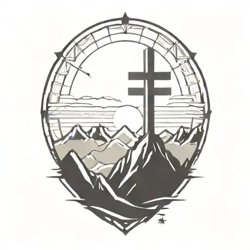 christian cross summit of a mountain landscape ray of sunshine tattoo design idea