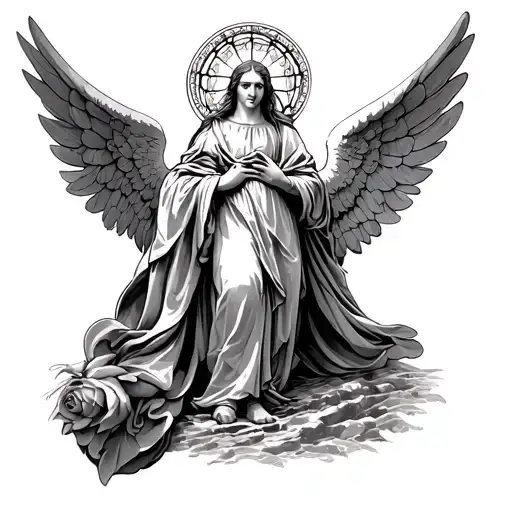 Mary at the top (shoulder) with her halo shaped like a rose-window/stained-glass circle.	2.	Archangel Michael below (in tattoo design idea
