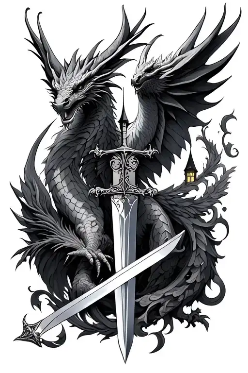 Fantasy inspired tattoo combining dragons, castles, phoenix, swords, beauty and the beast  tattoo design idea