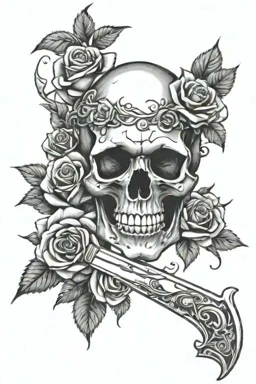 roses surrounding knife with a scull decorated tattoo design idea