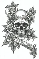 roses surrounding knife with a scull decorated tattoo design idea