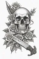 roses surrounding knife with a scull decorated tattoo design idea