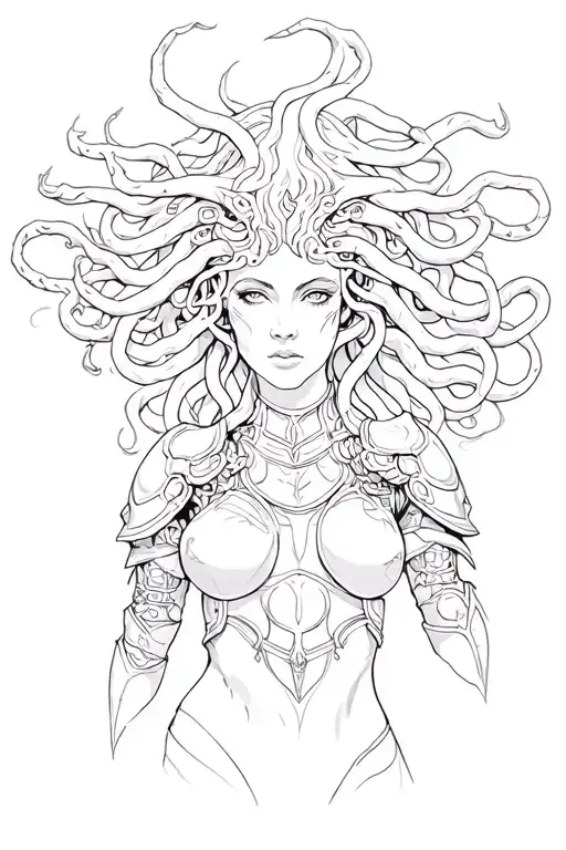 Medusa holding a head wearing armor full body tattoo design idea
