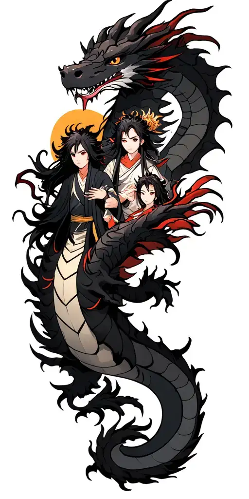 Anime tattoo with Tanjiro, Nezuko, Sung Jin-Woo, Chihiro & Haku as a dragon, Japanese style, mystical, black and gray tattoo design idea