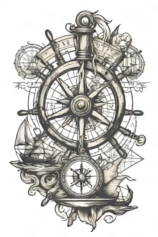 old ship wheel, hourglass, compass, map tattoo design idea