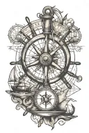 old ship wheel, hourglass, compass, map tattoo design idea