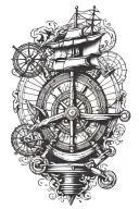 old ship wheel, hourglass, compass, map tattoo design idea