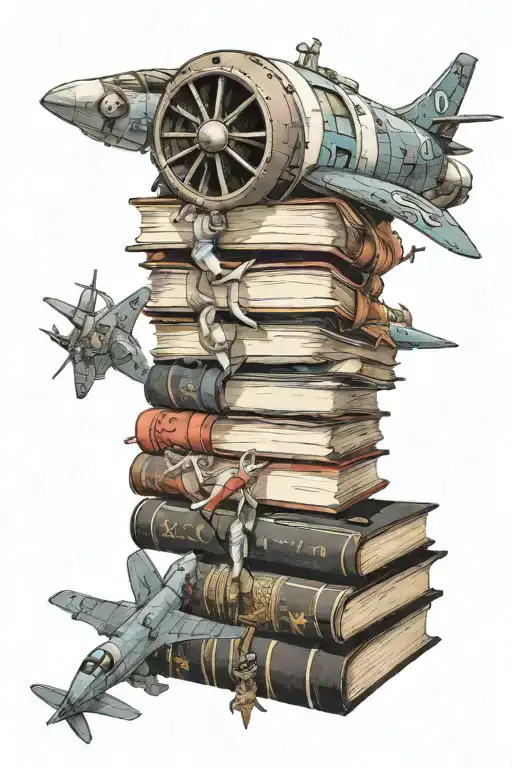 A stack of books with anime characters peeking out from the pages, incorporating elements of aircraft mechanics in the design tattoo design idea