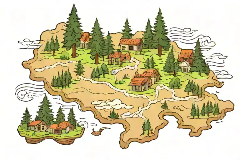 A map of Romania intertwined with hiking trails and pine trees, symbolizing a love for exploration tattoo design idea