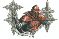 red knight holding 2 crucifix swords crossing tattoo design idea