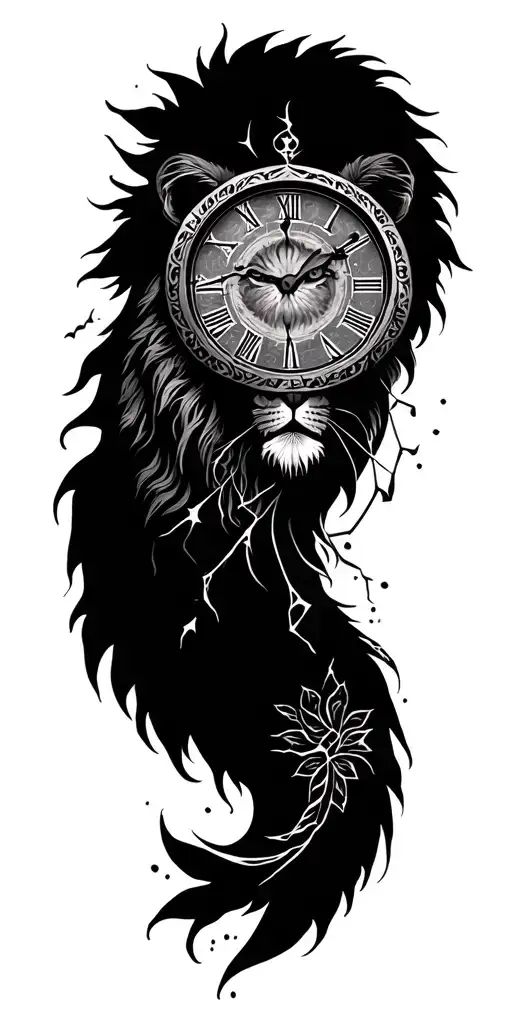 lion, broken clock, warrior, sun, leaves and Mandela pattern sleeve tattoo design idea