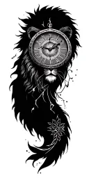 lion, broken clock, warrior, sun, leaves and Mandela pattern sleeve tattoo design idea