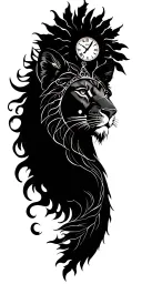 lion, broken clock, warrior, sun, leaves and Mandela pattern sleeve tattoo design idea