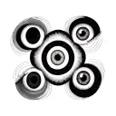 7 concentric circles overlapping each other with eyes drawn in the parts where they overlap tattoo design idea