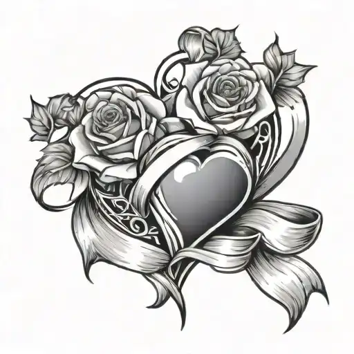 heart with rose and ribbon wrapped around indicating the tattoo design idea