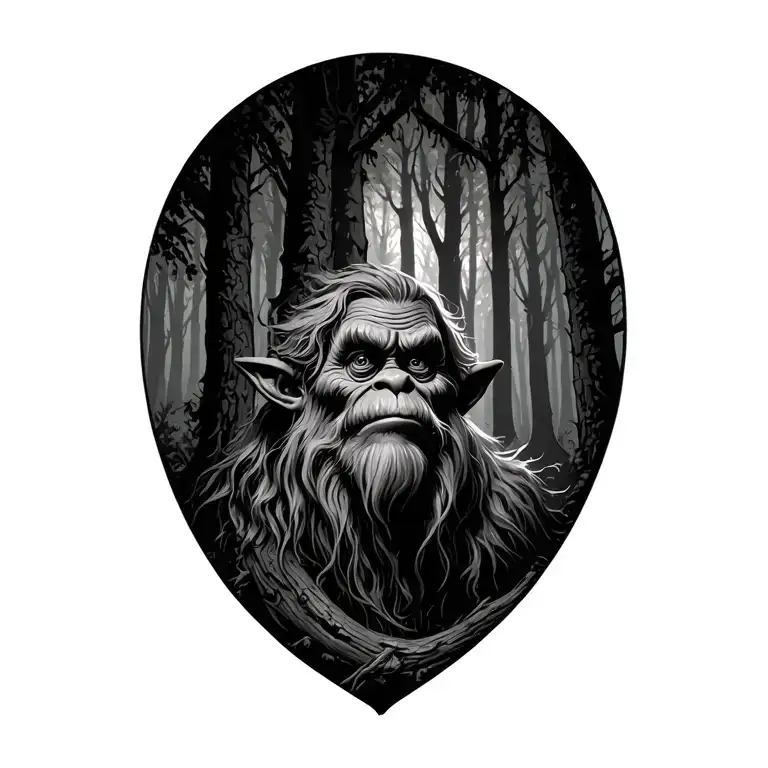 norwegian troll in old forest trees looking tattoo design idea
