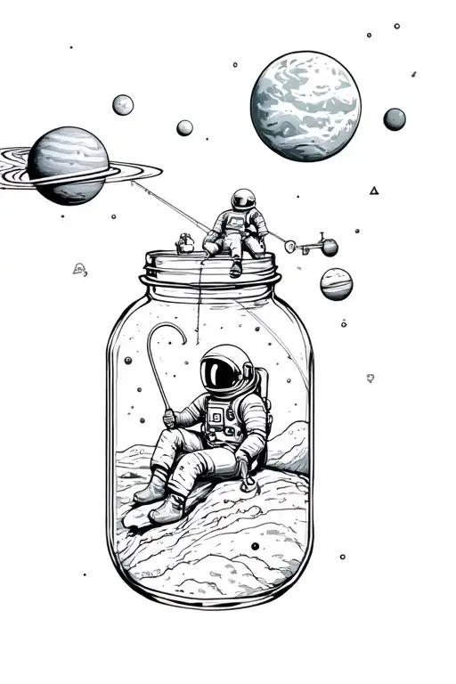 astronaut sitting on a satellite fishing into a mason jar that contains the solar system  tattoo design idea