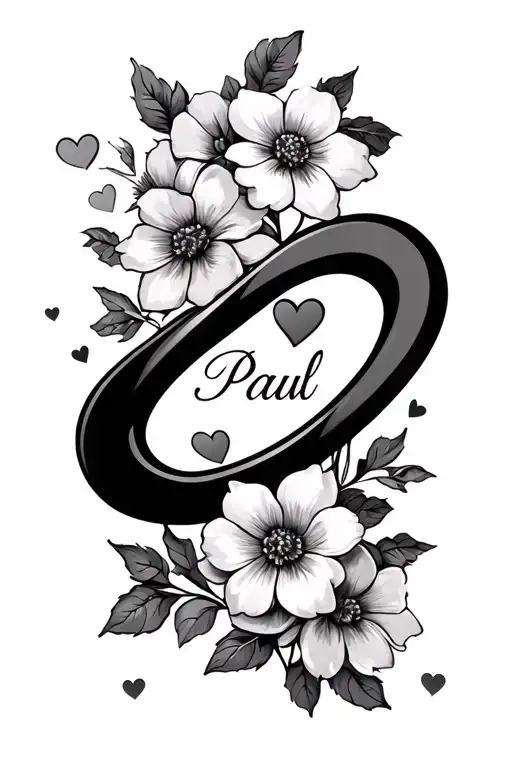 infinity sign incorporated with name Paul with flowers and hearts tattoo design idea