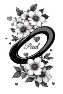 infinity sign incorporated with name Paul with flowers and hearts tattoo design idea
