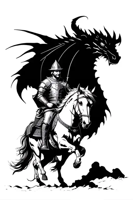 a medieval knight riding a horse and a dragon in the back tattoo design idea