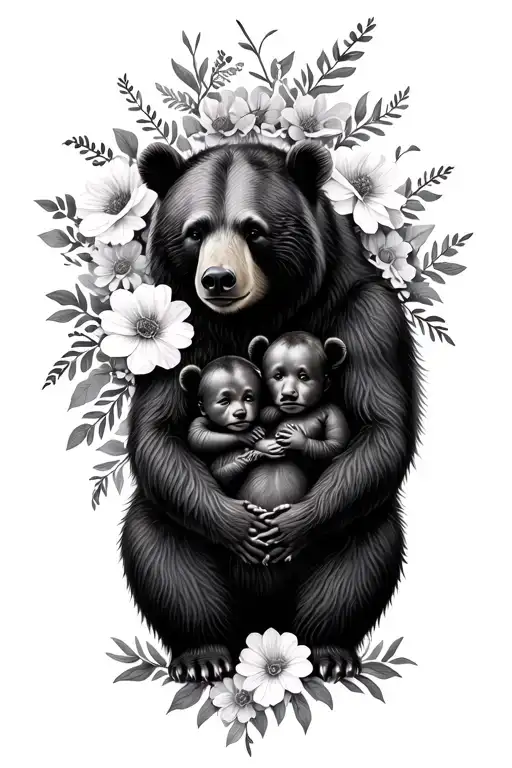 mama bear and 2 babies surrounded by flowers intertwined tattoo design idea
