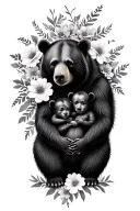 mama bear and 2 babies surrounded by flowers intertwined tattoo design idea