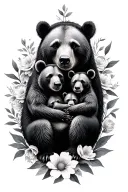 mama bear and 2 babies surrounded by flowers intertwined tattoo design idea
