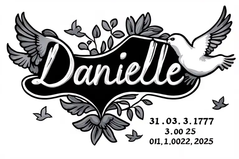 Danielle written in cursive with the dates 31.03.1977 - 01.02.2025 below it and small doves flying. tattoo design idea