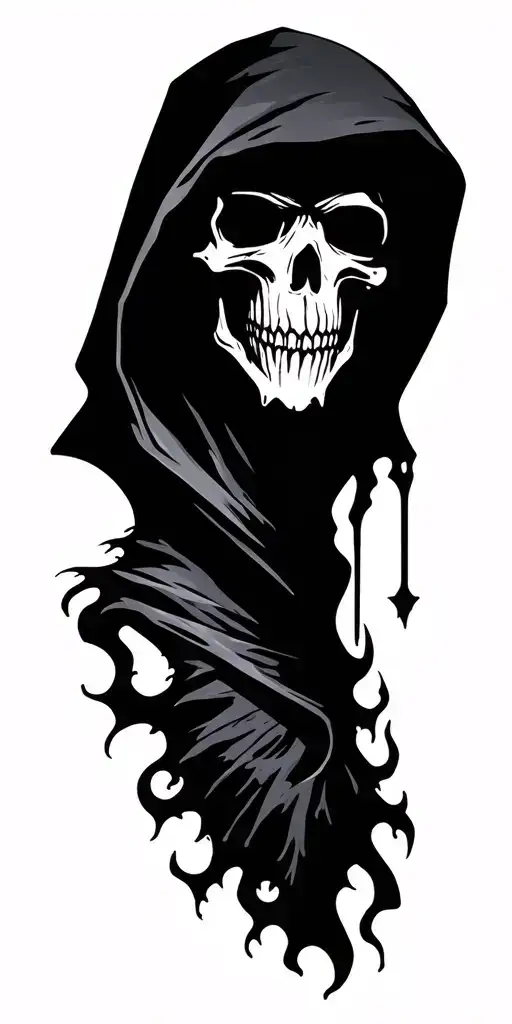 Hooded reaper Silhouette and death and shadow, majestic, terrifying, dark, goth, very grungy, evil tattoo design idea
