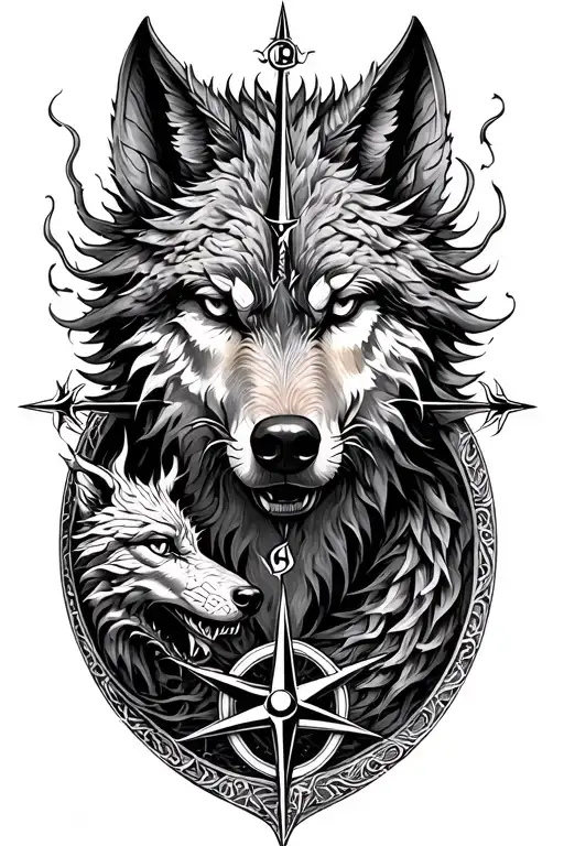 compass, dragon wolf and norse tree of life tattoo design idea