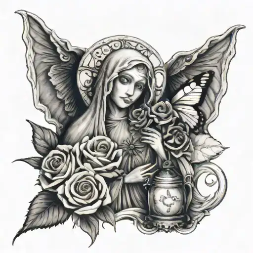 lilys, hydrangea, small butterflies, roses, virgin mary holding the grim reaper and a scale  tattoo design idea