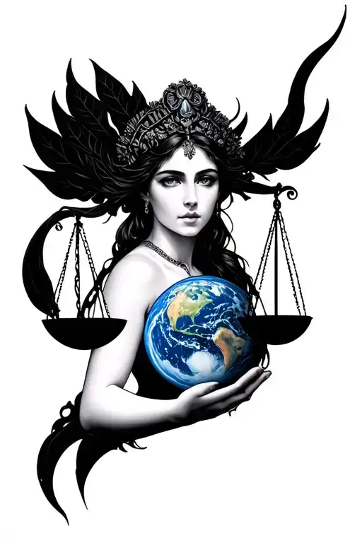 goddess Gaia holding earth and libra scale black and white tattoo design idea